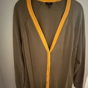 Talbots Olive Green Cardigan with Yellow Trim